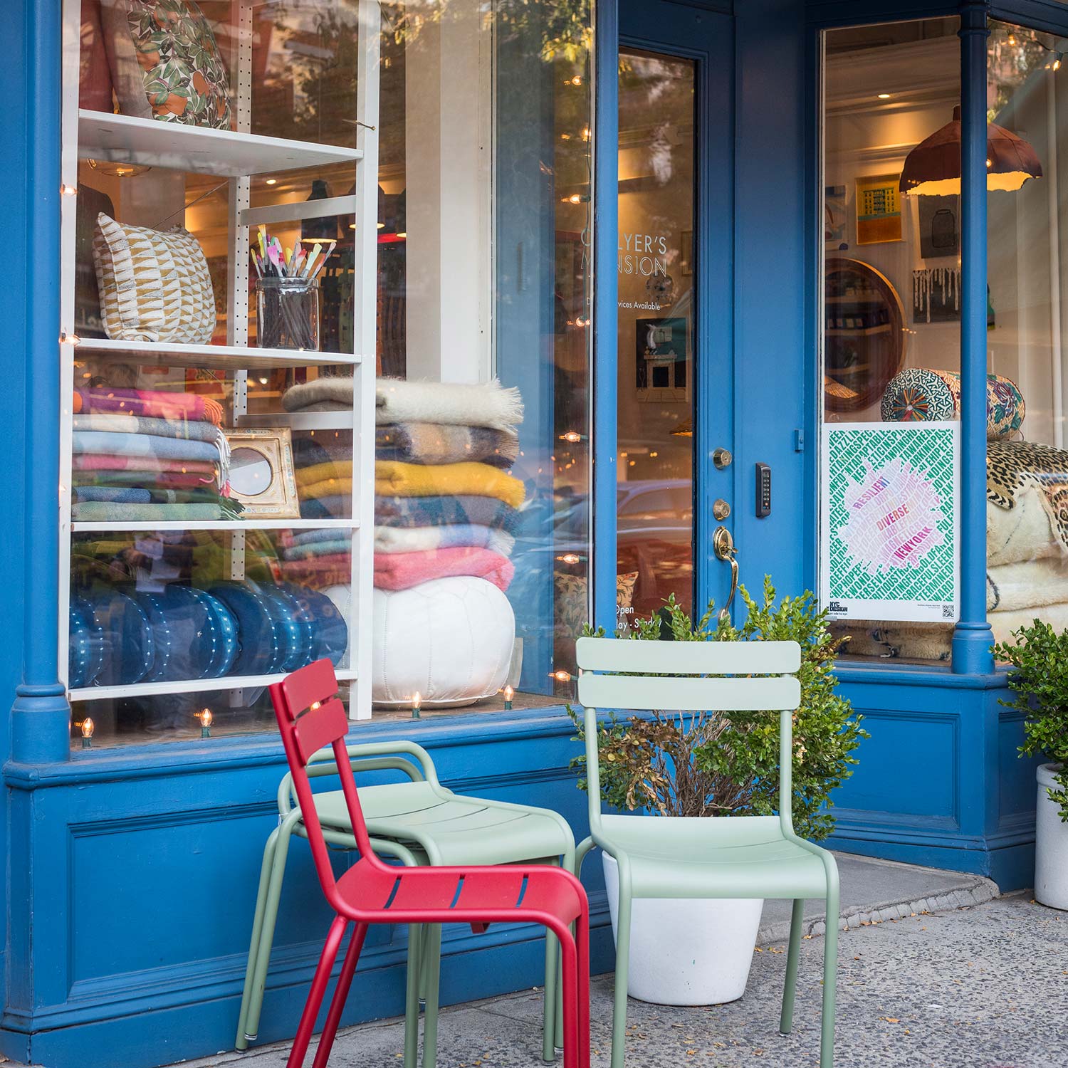 Brooklyn storefront with pillows, blankets and lamps